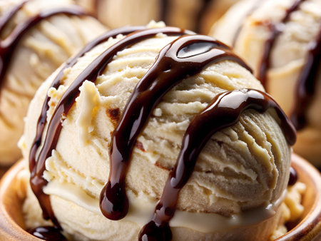 Scoops of vanilla ice cream with chocolate syrup and caramel.の素材