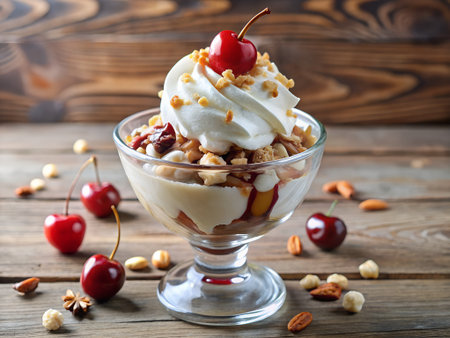 Vanilla ice cream with nuts and cherries in a glass bowlの素材