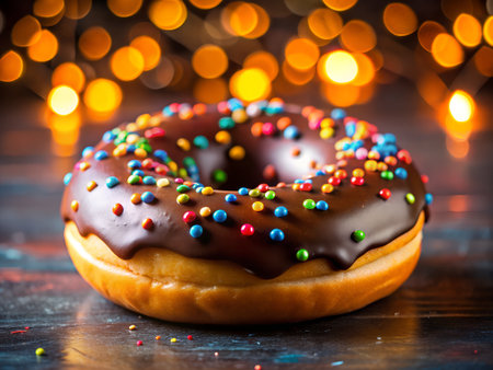 Donut with chocolate glaze and colorful sprinkles on dark wooden backgroundの素材