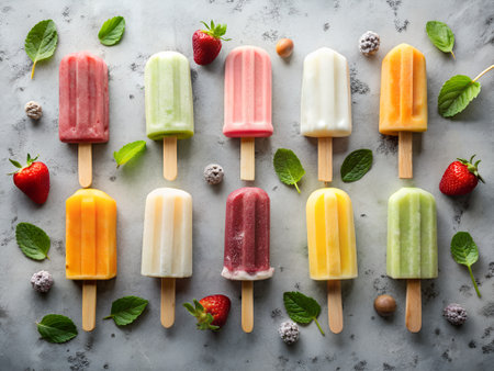 Colorful popsicles with strawberry and mint on grey background, top viewの素材