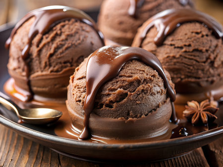 Chocolate ice cream with chocolate syrup on wooden background. Selective focus.の素材