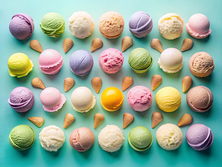 Variety of ice cream scoops in waffle cones on aquamarine backgroundの素材