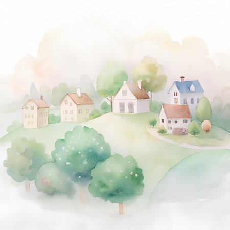 Watercolor landscape with houses and trees. Hand drawn vector illustration.の素材