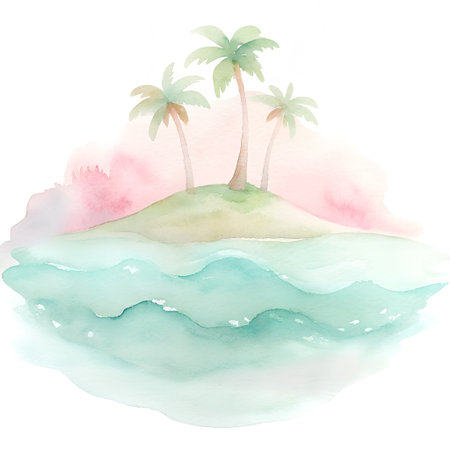 Watercolor island with palm trees. Hand drawn illustration isolated on white background.の素材