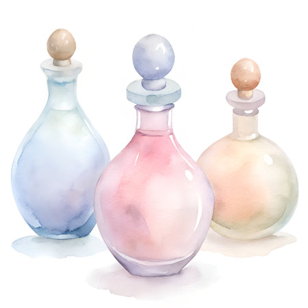Perfume bottles. Watercolor hand drawn illustration on white backgroundの素材