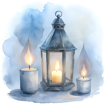 Watercolor illustration of a lantern and candles on a blue background.の素材