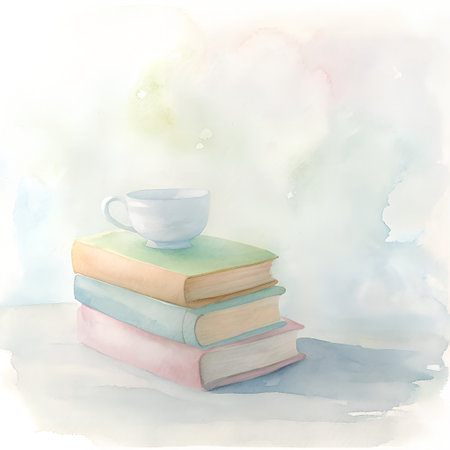 Watercolor illustration of a stack of books and a cup of coffeeの素材