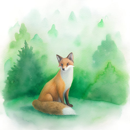 Watercolor illustration of a red fox sitting on the grass in the forestの素材