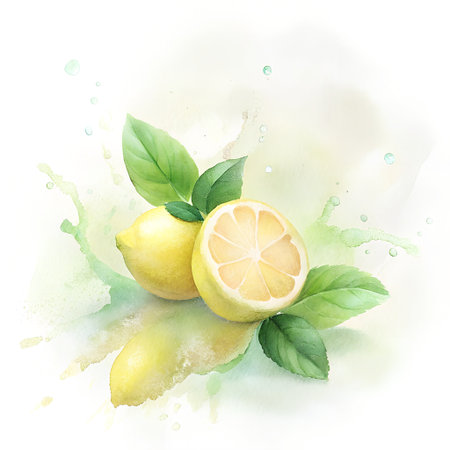 Watercolor illustration of lemon with green leaves and splashes on white backgroundの素材