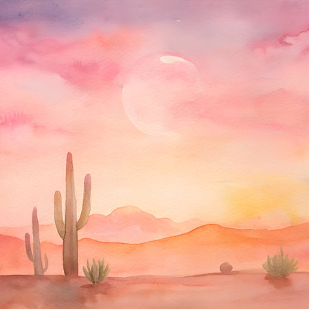 Watercolor desert landscape with cactuses. Hand drawn illustration.の素材