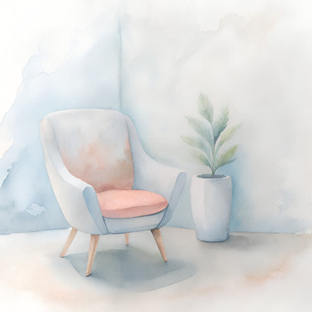Modern armchair in the room. Hand drawn watercolor illustration.の素材