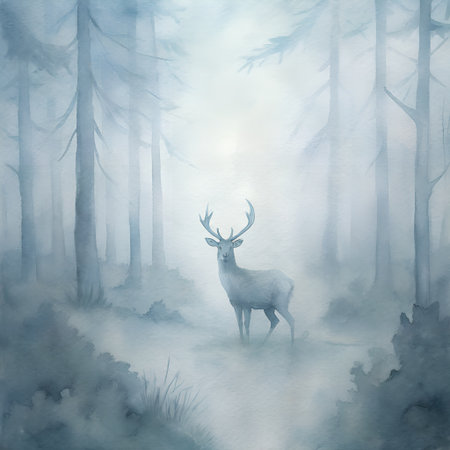 Digital painting of a wild deer in a misty forest with fog in the backgroundの素材