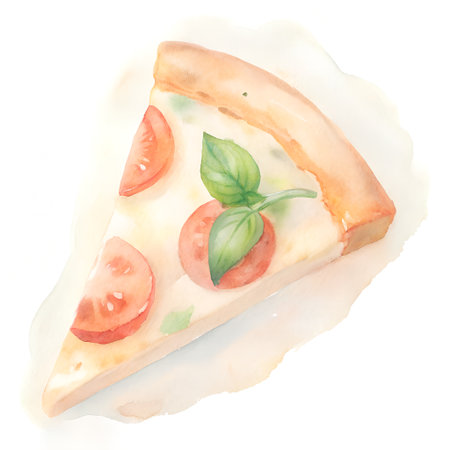 Pizza slice with tomato, mozzarella and basil. Watercolor illustrationの素材
