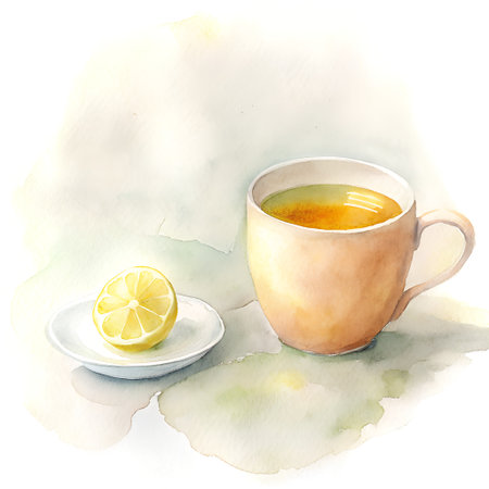 Cup of tea with lemon on a white background. Watercolor illustrationの素材