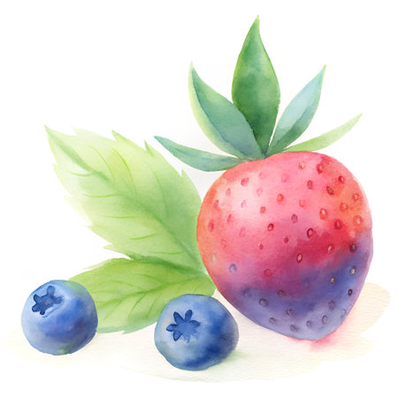 Watercolor strawberry and blueberry. Hand drawn illustration isolated on white backgroundの素材