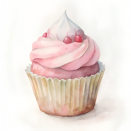 Watercolor cupcake with pink cream and berries. Hand drawn illustrationの素材