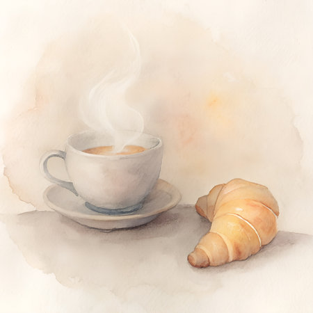 Cup of coffee and croissant. Digital watercolor paintingの素材