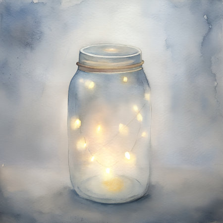 Christmas lights in a glass jar on a white background. Watercolorの素材