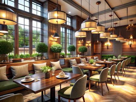 3D rendering luxury restaurant and coffee shop interior design.Coffee shop and restaurant.の素材