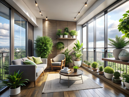 Interior of modern living room with terrace view 3D renderingの素材
