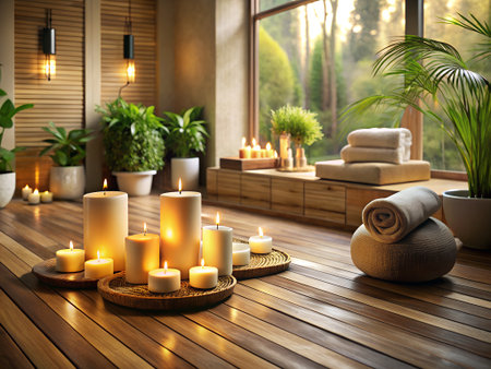 Spa setting with candles and towels on wooden floor in modern roomの素材
