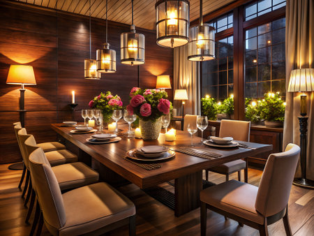 Luxury dining room interior with wooden furniture. 3d renderingの素材