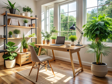 Interior of modern home office with wooden desk, chair and plantsの素材
