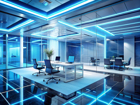 Modern office interior with blue glowing lights. 3D Rendering.の素材
