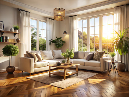 Living room interior with sofa and coffee table. 3d render.の素材