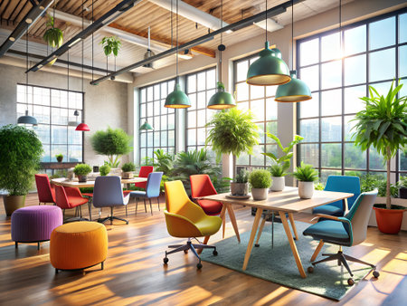 Interior of modern office with wooden walls, wooden floor and rows of colorful armchairs and tables with chairs. 3d renderingの素材