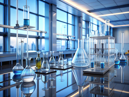 Laboratory glassware, science research and development concept. 3D renderingの素材