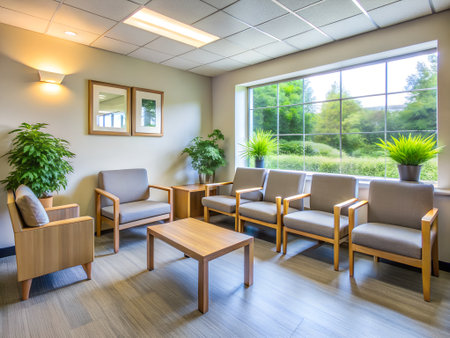 Interior of a hotel lobby with chairs and table. Nobody insideの素材