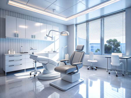 3d render of modern dental office with white chair and blue wallの素材