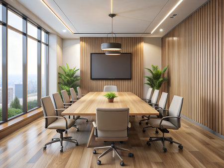 Interior of modern meeting room with wooden walls, wooden floor, panoramic window with city view and daylight. 3d renderingの素材