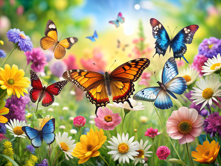 Summer meadow with colorful flowers and butterflies. Floral background.の素材