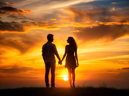 Silhouette of happy couple holding hands and looking at each other on sunset backgroundの素材
