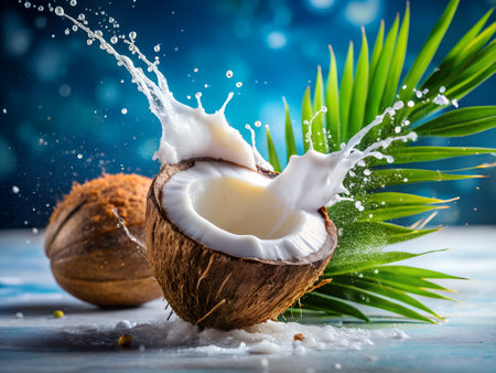 Coconut with milk splash on blue background. Healthy food concept.の素材