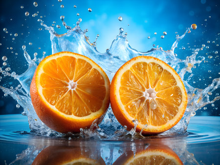 Fresh orange with water splash on blue background. Citrus fruit.の素材