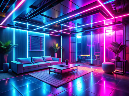 3D rendering of the interior of a modern living room in neon lightの素材