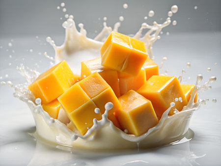 Milk splash with cubes of mango in white milk, close upの素材