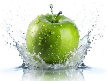 Green apple with water splash isolated on white background. Fresh fruit.の素材