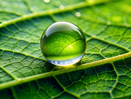 Water droplets on a green leaf. Macro photography of nature.の素材