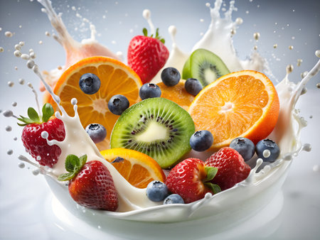Milk splash with fruits and berries in a bowl on white backgroundの素材