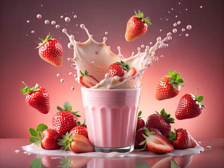 Strawberries falling into a glass of milkshake with splashesの素材