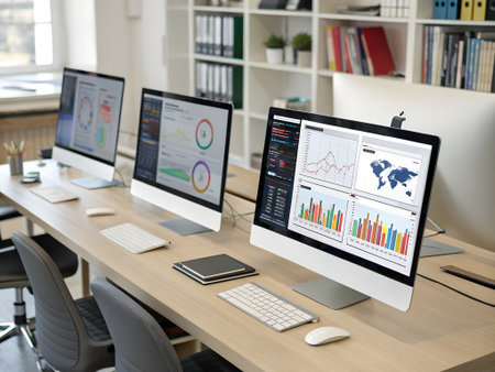 Businessman analyzing investment charts on computer screen in office. Business and finance concept.の素材