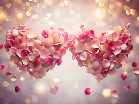 Heart shape made of pink rose petals on bokeh backgroundの素材