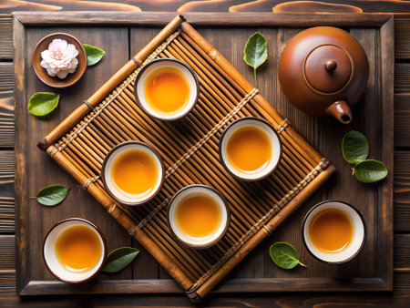 Cup of tea with green tea leaves and teapot on wooden backgroundの素材