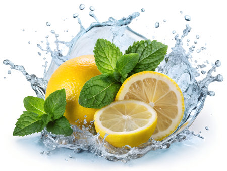 Lemon and mint with water splash isolated on white background. Clipping pathの素材