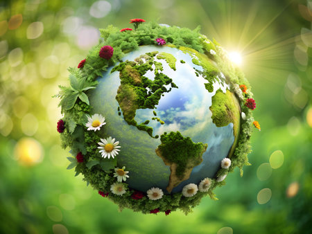 Earth planet with flowers and grass on nature background. Elements of this image furnished by NASAの素材