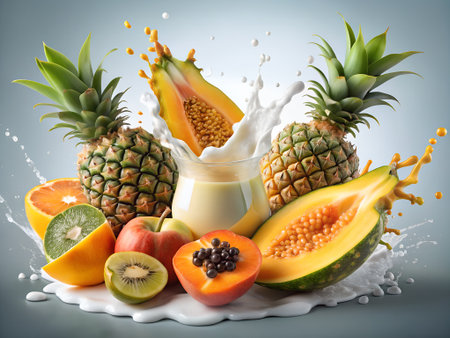 Milk splash with tropical fruits. Healthy food concept. 3D renderingの素材